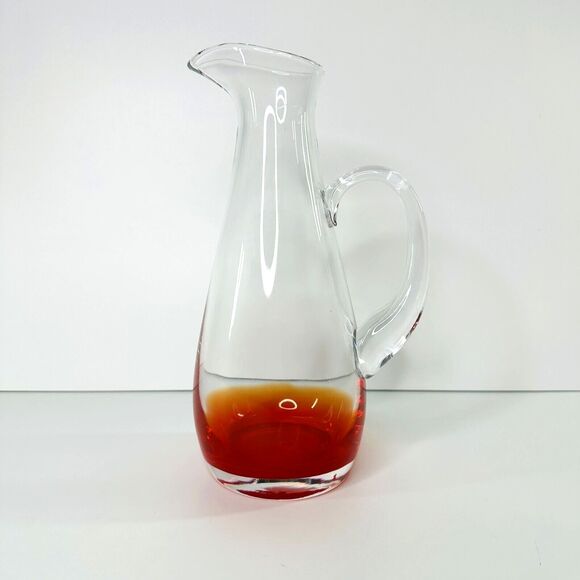 Clear Red Base Art Glass Pitcher Barware Cocktail Party Water Heavy READ - Picture 1 of 13